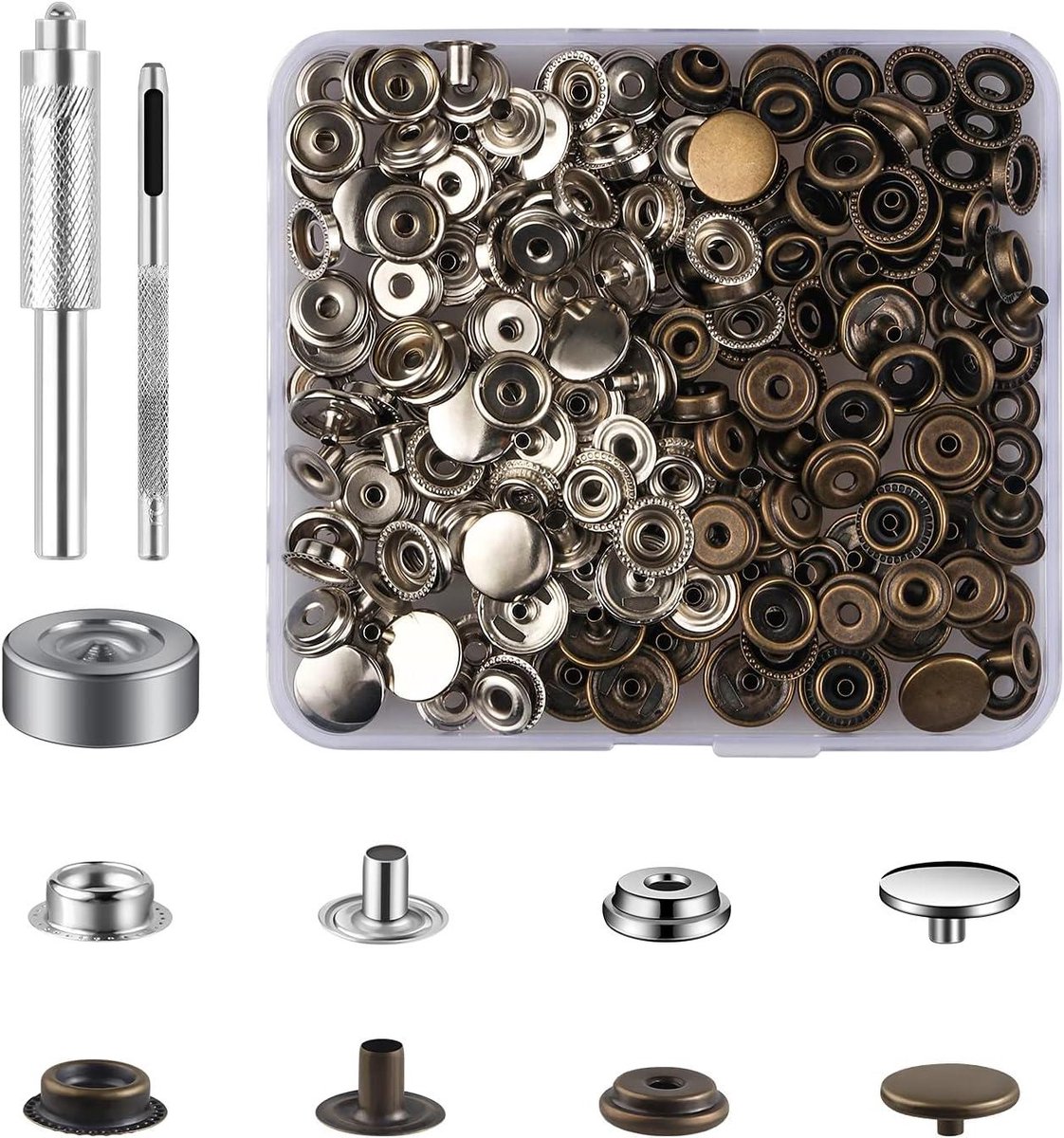 Brenzoos - Set van 50 metalen drukknopen met knopgereedschap en roestvrijstalen bouten | Kleding, leer, handwerk - 203 stuks